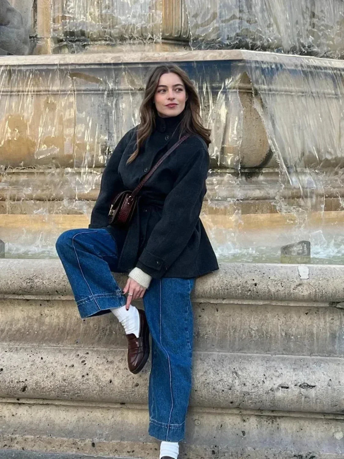 Women's High Neck Wool Coat – Belted Waist