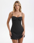 Women's Polka Dot Mini Dress - Halter Neck Frill Hem Bodycon Fit
