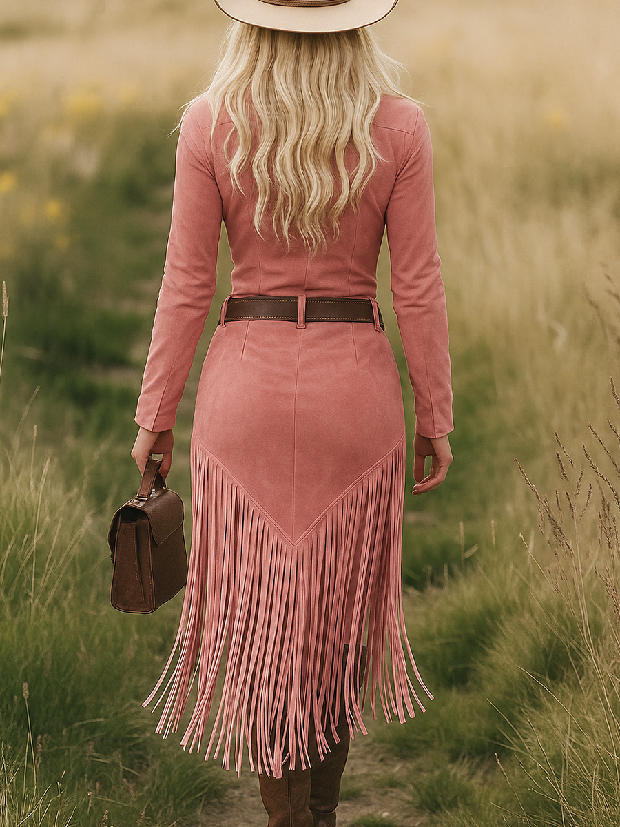 Women's Suede Long Sleeve Midi Fall Dress – Lapel Zipper