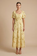 Women's Floral Maxi Dress - Square Neck Flutter Sleeve Ruched