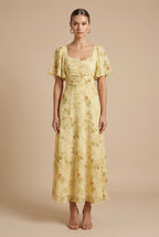 Women's Floral Maxi Dress - Square Neck Flutter Sleeve Ruched