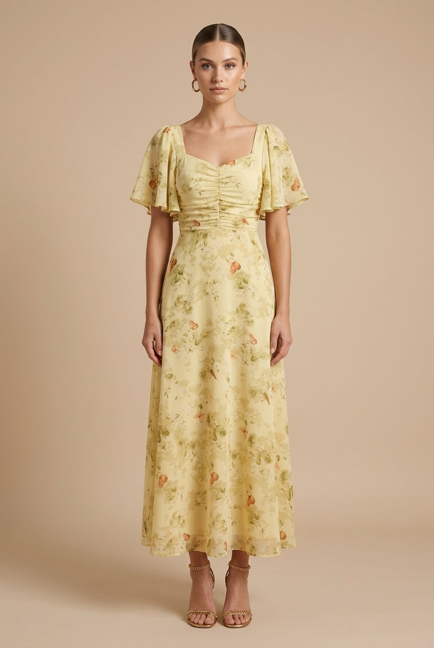 Women's Floral Maxi Dress with Square Neckline & Puff Sleeves