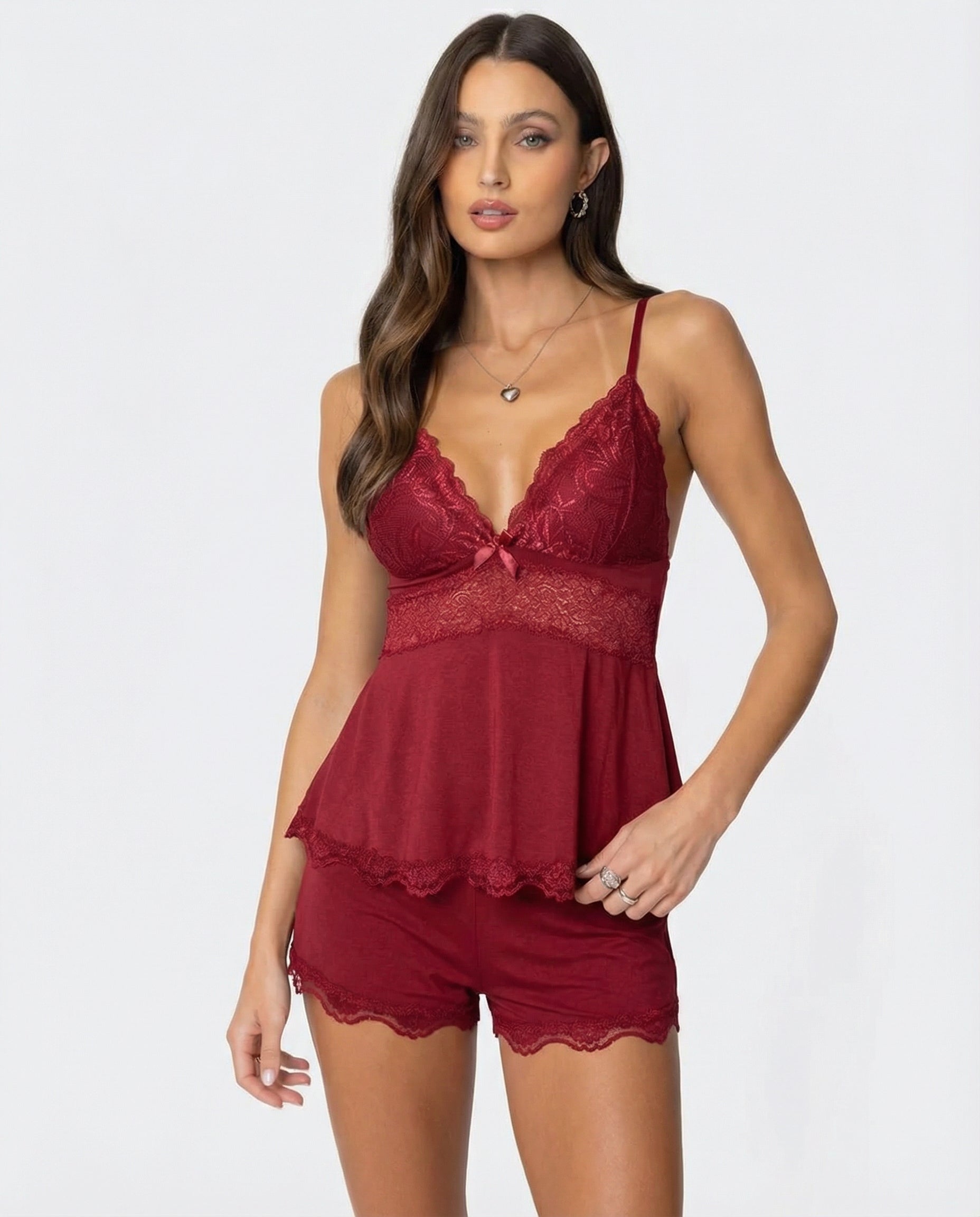 Women's Lace Cami Shorts Set - Sleepwear Lounge Pajama Set