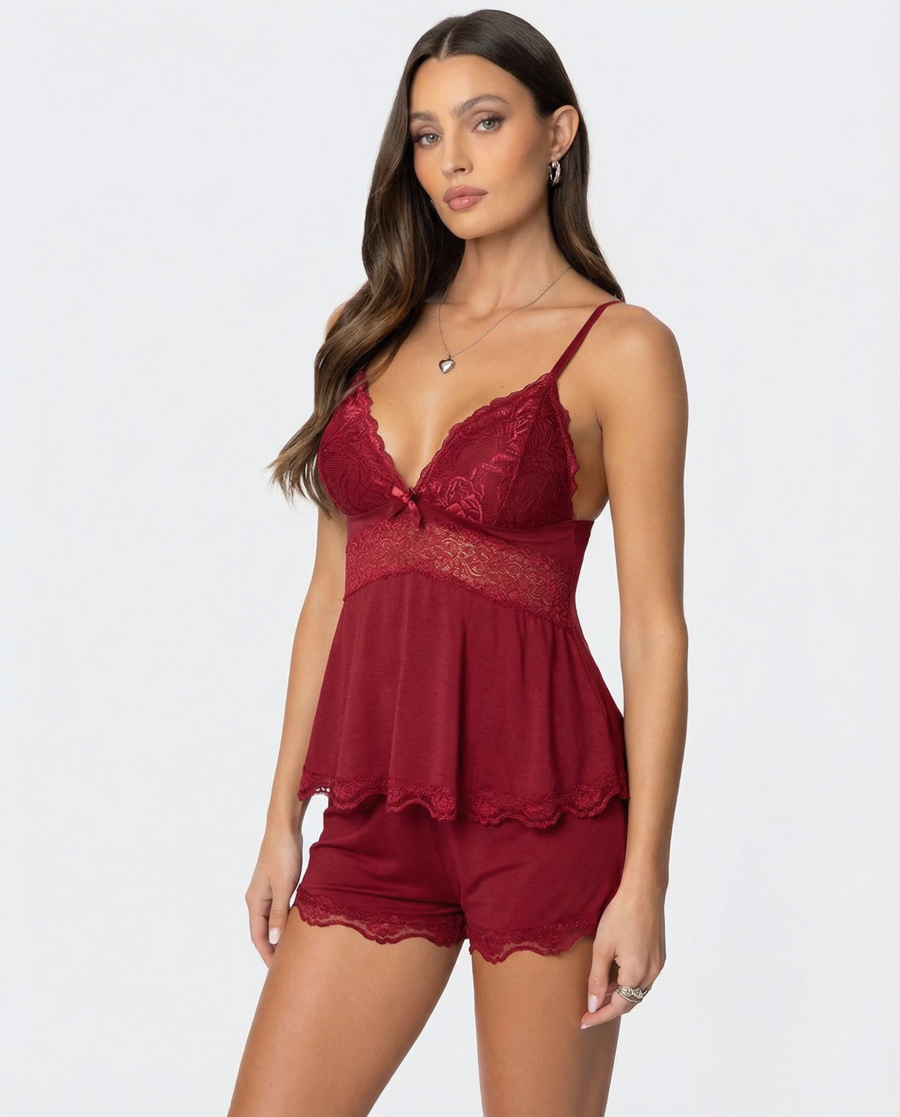 Women's Lace Cami Shorts Set - Sleepwear Lounge Pajama Set