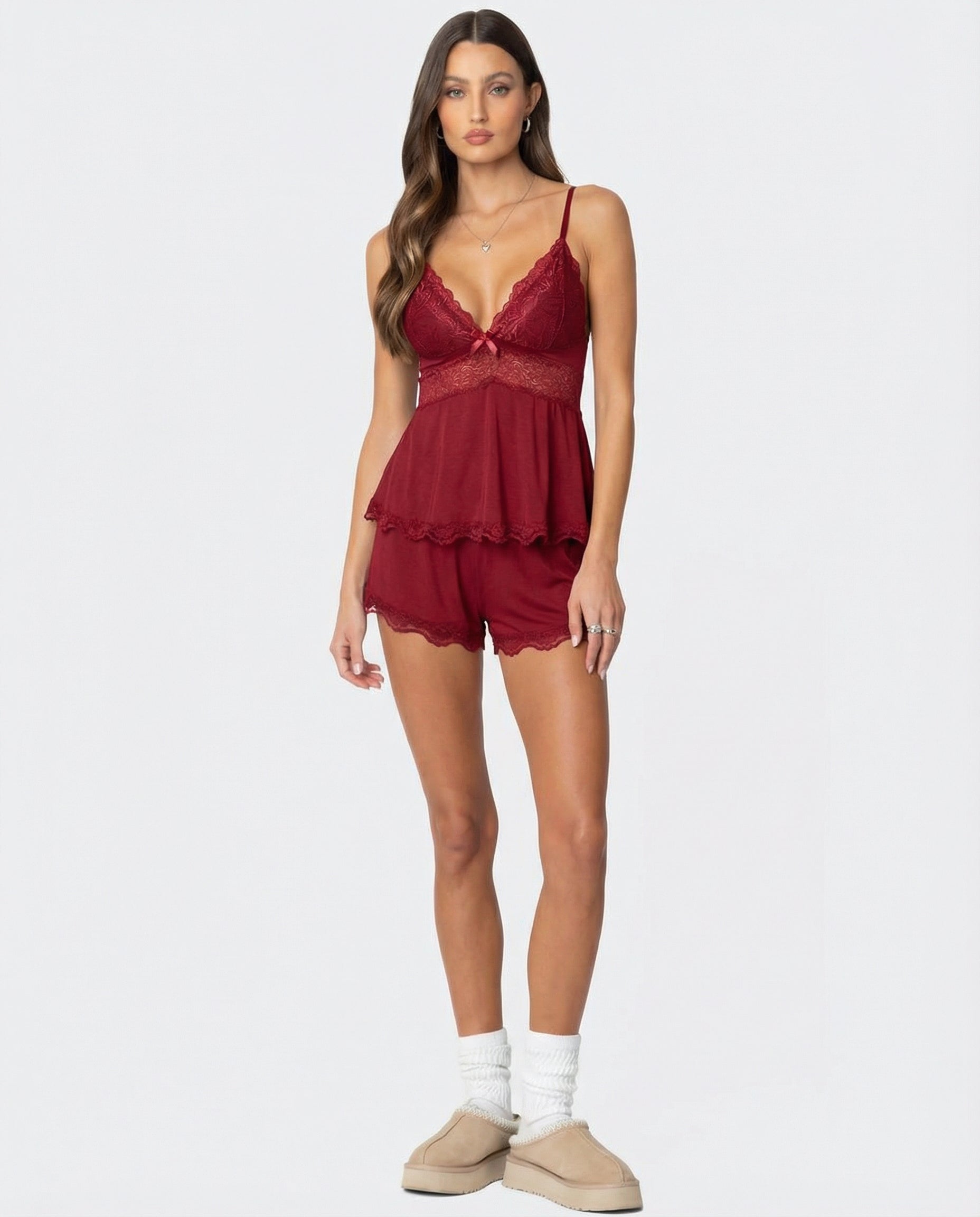 Women's Lace Cami Shorts Set - Sleepwear Lounge Pajama Set