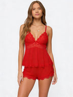 Women's Lace Cami Shorts Set - Sleepwear Lounge Pajama Set