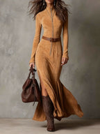Women's Belted Long Sleeve Fall Dress – Zip Front