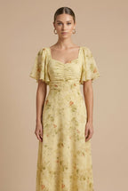 Women's Floral Maxi Dress with Square Neckline & Puff Sleeves