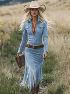Women's Suede Long Sleeve Midi Fall Dress – Lapel Zipper