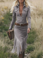 Women's Suede Long Sleeve Midi Fall Dress – Lapel Zipper