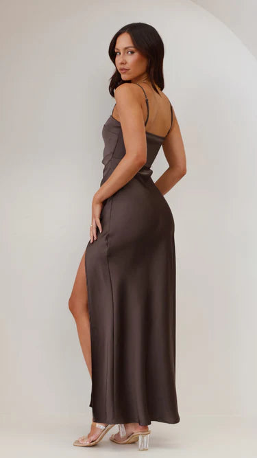 Ilana Satin Spaghetti Strap Maxi Dress – High Slit