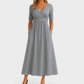 Women's V-Neck Midi Dress - Short Sleeve with Ruched Bodice