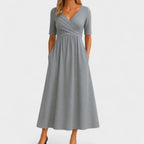 Women's V-Neck Midi Dress - Short Sleeve with Ruched Bodice