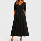 Women's V-Neck Midi Dress - Short Sleeve with Ruched Bodice