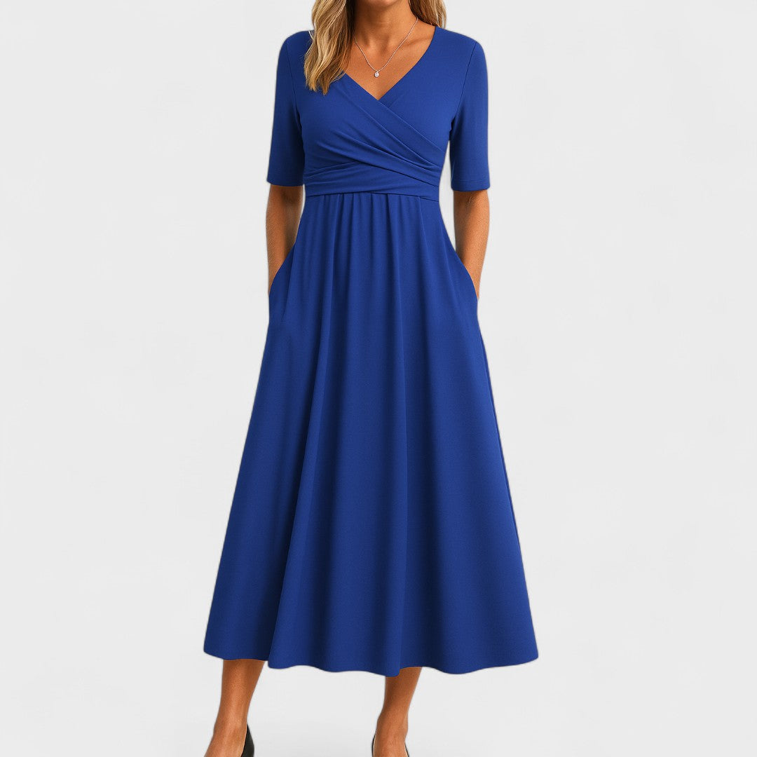 Women's V-Neck Midi Dress - Short Sleeve with Ruched Bodice