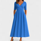 Women's V-Neck Midi Dress - Short Sleeve with Ruched Bodice