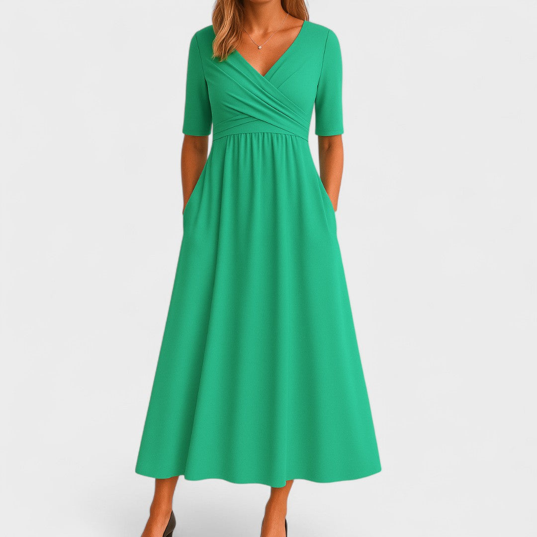 Women's V-Neck Midi Dress - Short Sleeve with Ruched Bodice