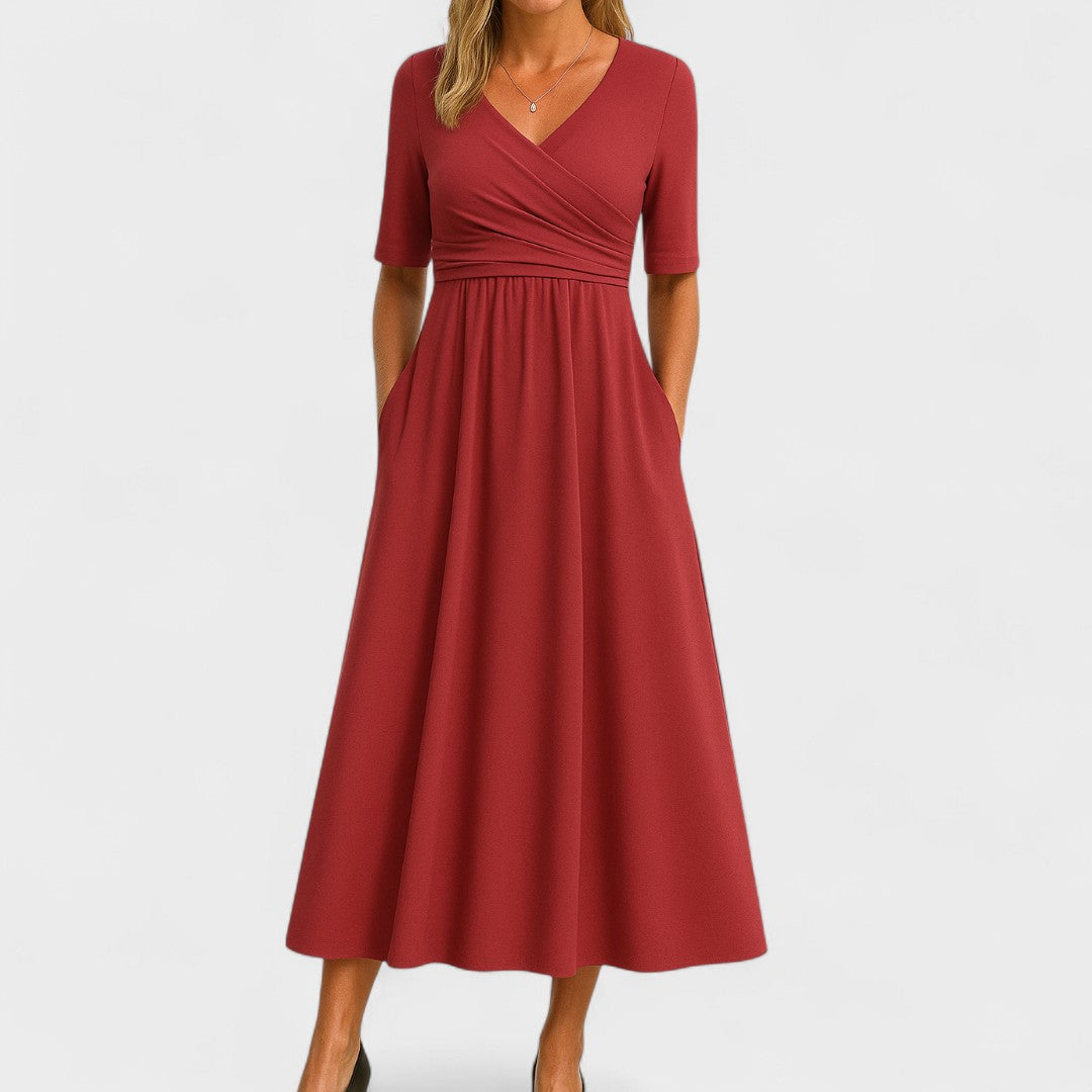 Women's V-Neck Midi Dress - Short Sleeve with Ruched Bodice