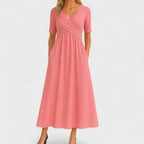 Women's V-Neck Midi Dress - Short Sleeve with Ruched Bodice