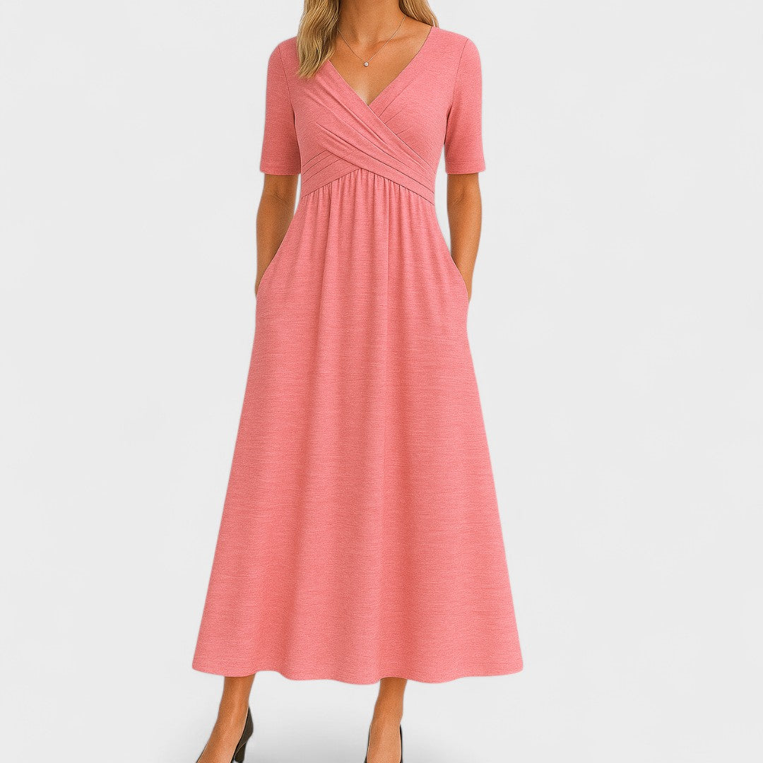 Women's V-Neck Midi Dress - Short Sleeve with Ruched Bodice