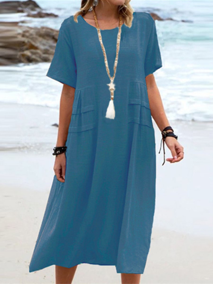 Women's Round Neck Boho Dress - Casual Midi