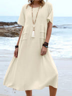 Women's Round Neck Boho Dress - Casual Midi