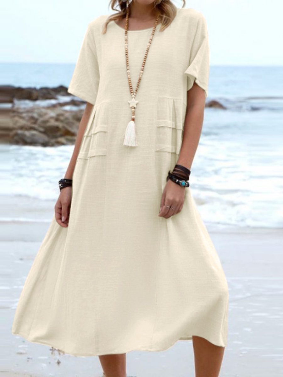 Women's Round Neck Boho Dress - Casual Midi