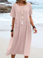 Women's Round Neck Boho Dress - Casual Midi