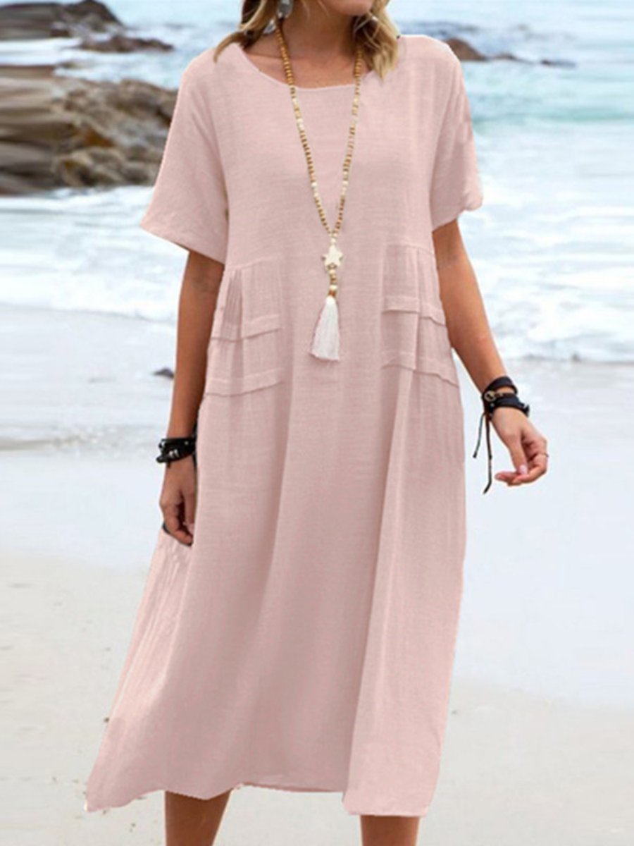 Women's Round Neck Boho Dress - Casual Midi