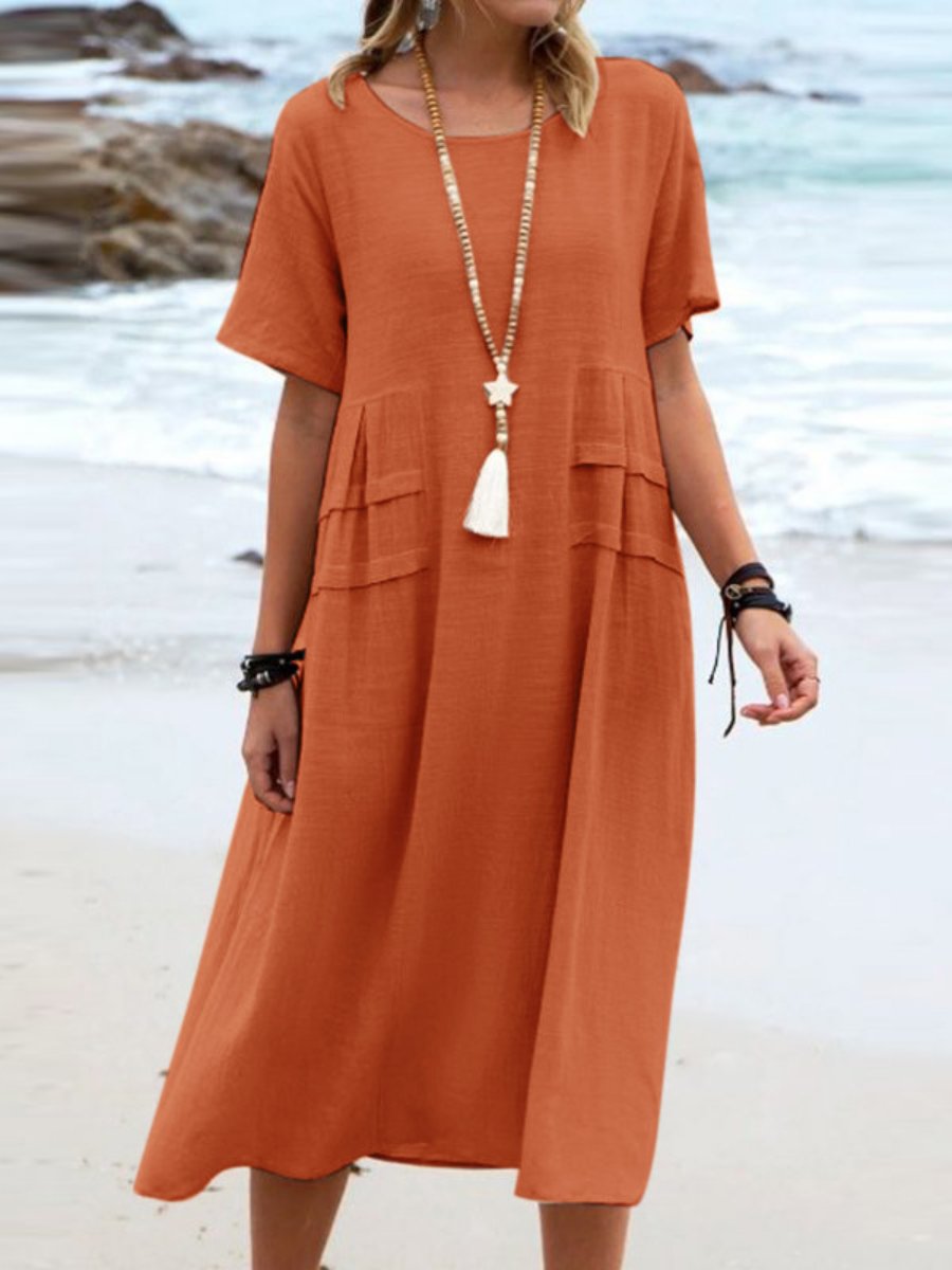 Women's Round Neck Boho Dress - Casual Midi