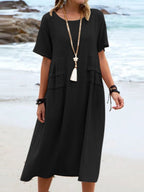 Women's Round Neck Boho Dress - Casual Midi