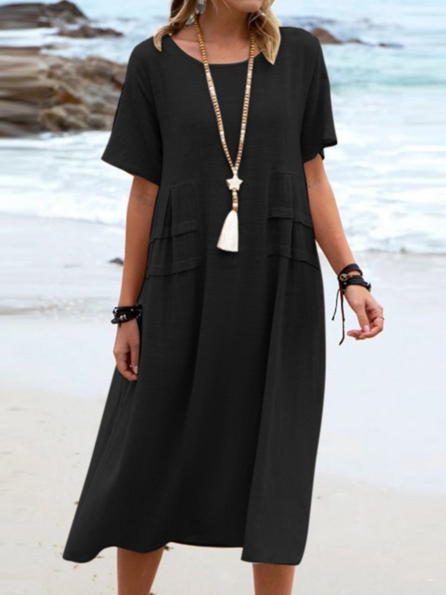 Women's Round Neck Boho Dress - Casual Midi
