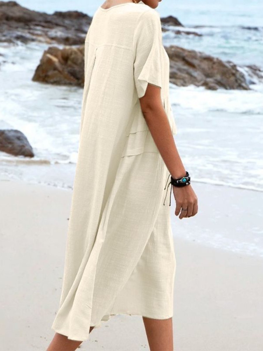 Women's Round Neck Boho Dress - Casual Midi