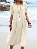 Women's Round Neck Boho Dress - Casual Midi