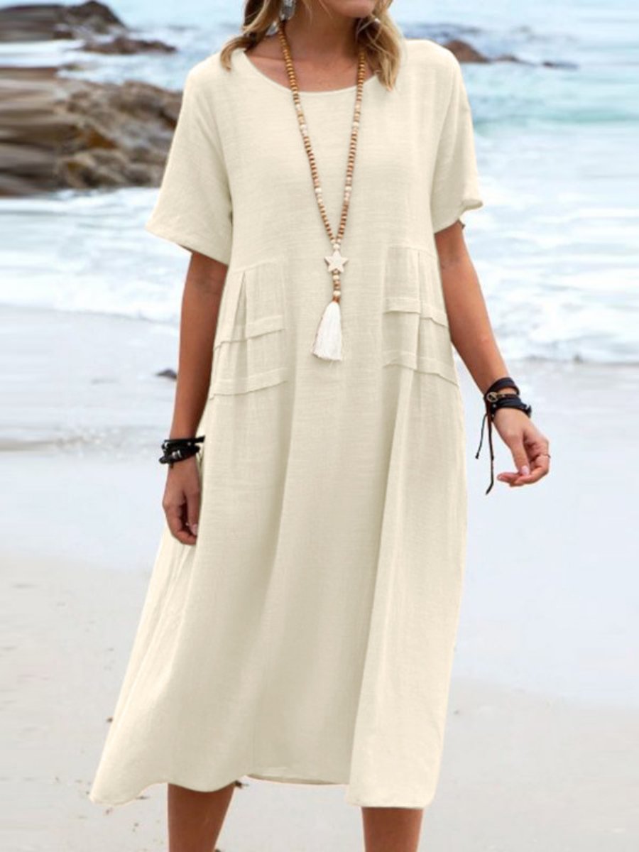 Women's Round Neck Boho Dress - Casual Midi