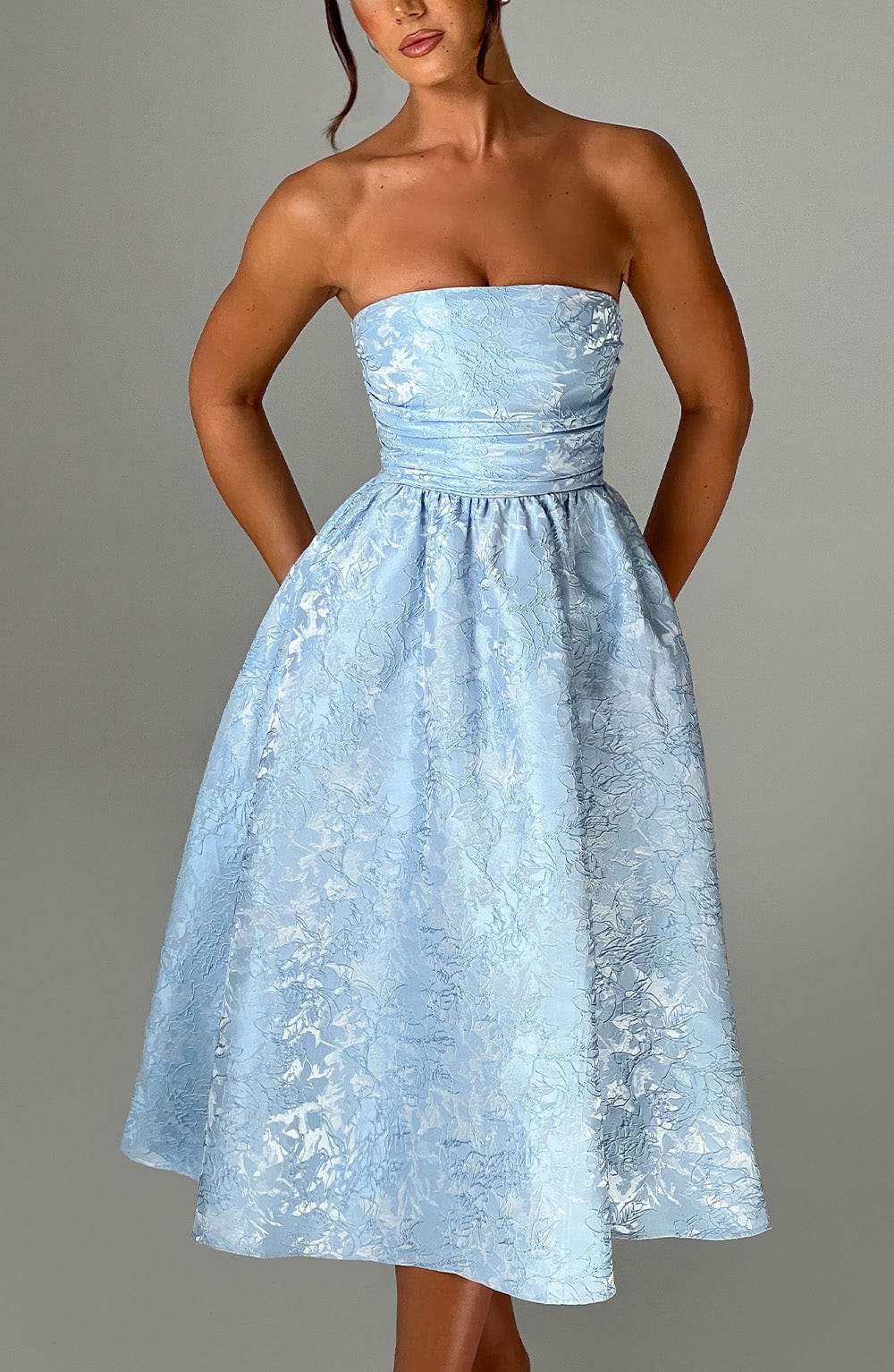 Off-Shoulder Jacquard Midi Dress - Pleated Bodice Back Lace