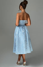 Off-Shoulder Jacquard Midi Dress - Pleated Bodice Back Lace