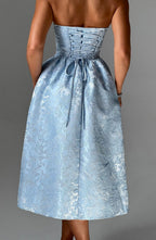 Off-Shoulder Jacquard Midi Dress - Pleated Bodice Back Lace