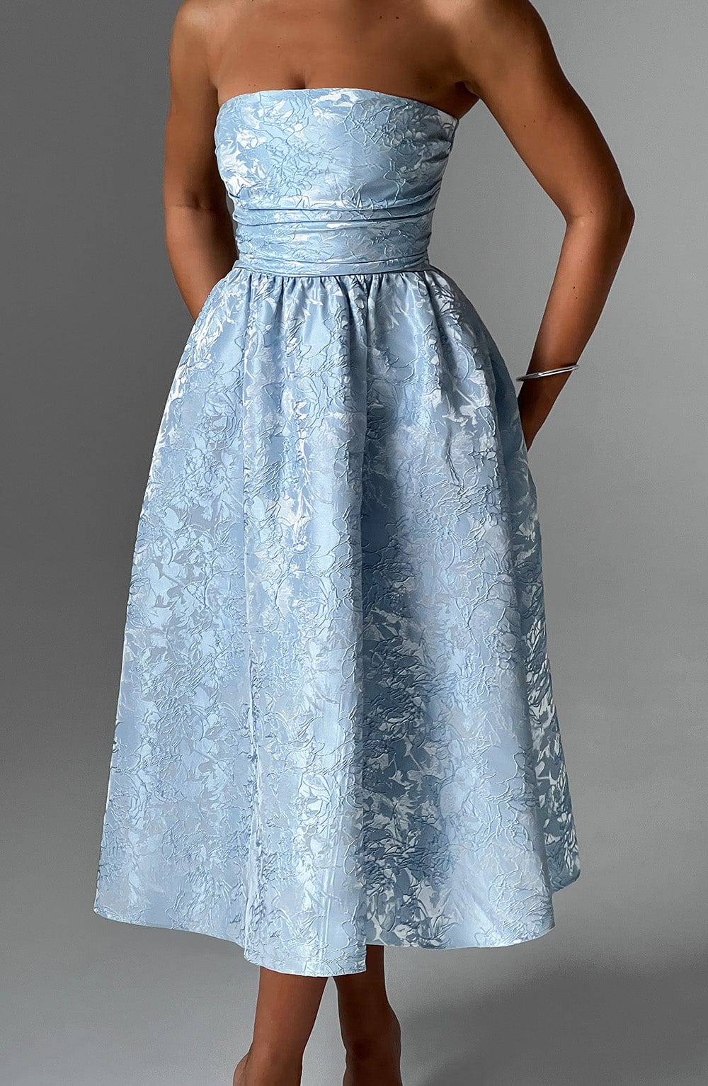 Off-Shoulder Jacquard Midi Dress - Pleated Bodice Back Lace