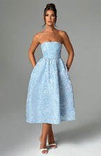 Off-Shoulder Jacquard Midi Dress - Pleated Bodice Back Lace