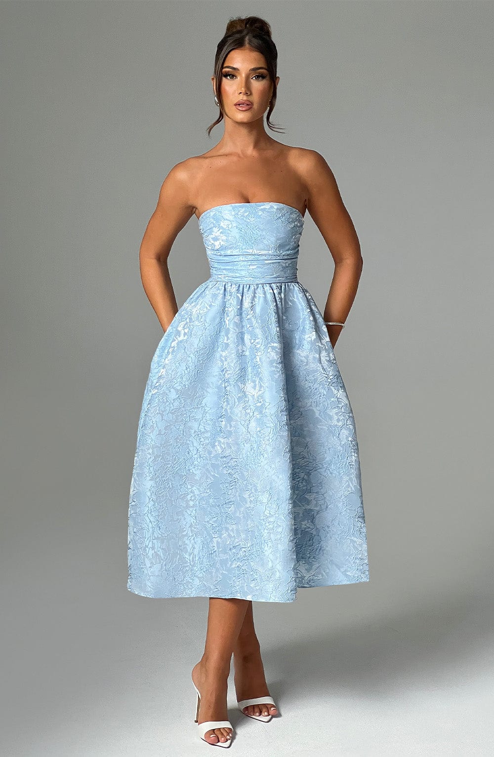 Off-Shoulder Jacquard Midi Dress - Pleated Bodice Back Lace