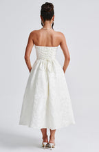 Off-Shoulder Jacquard Midi Dress - Pleated Bodice Back Lace