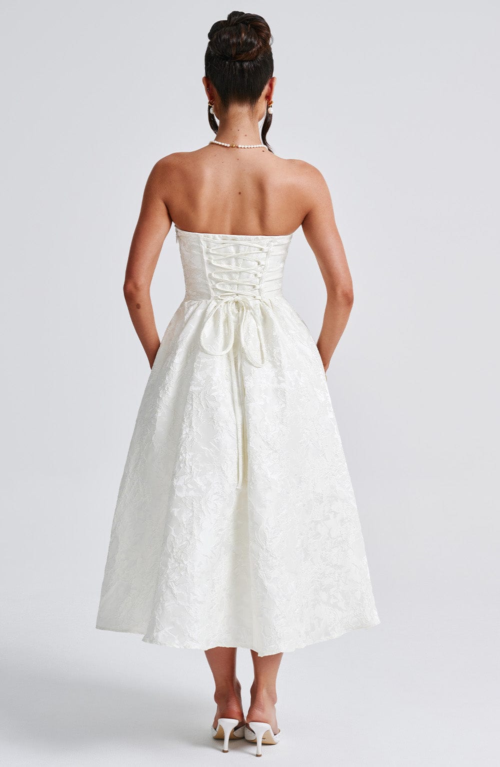 Off-Shoulder Jacquard Midi Dress - Pleated Bodice Back Lace