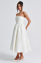 Off-Shoulder Jacquard Midi Dress - Pleated Bodice Back Lace