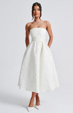 Off-Shoulder Jacquard Midi Dress - Pleated Bodice Back Lace