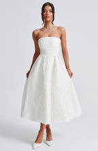 Off-Shoulder Jacquard Midi Dress - Pleated Bodice Back Lace