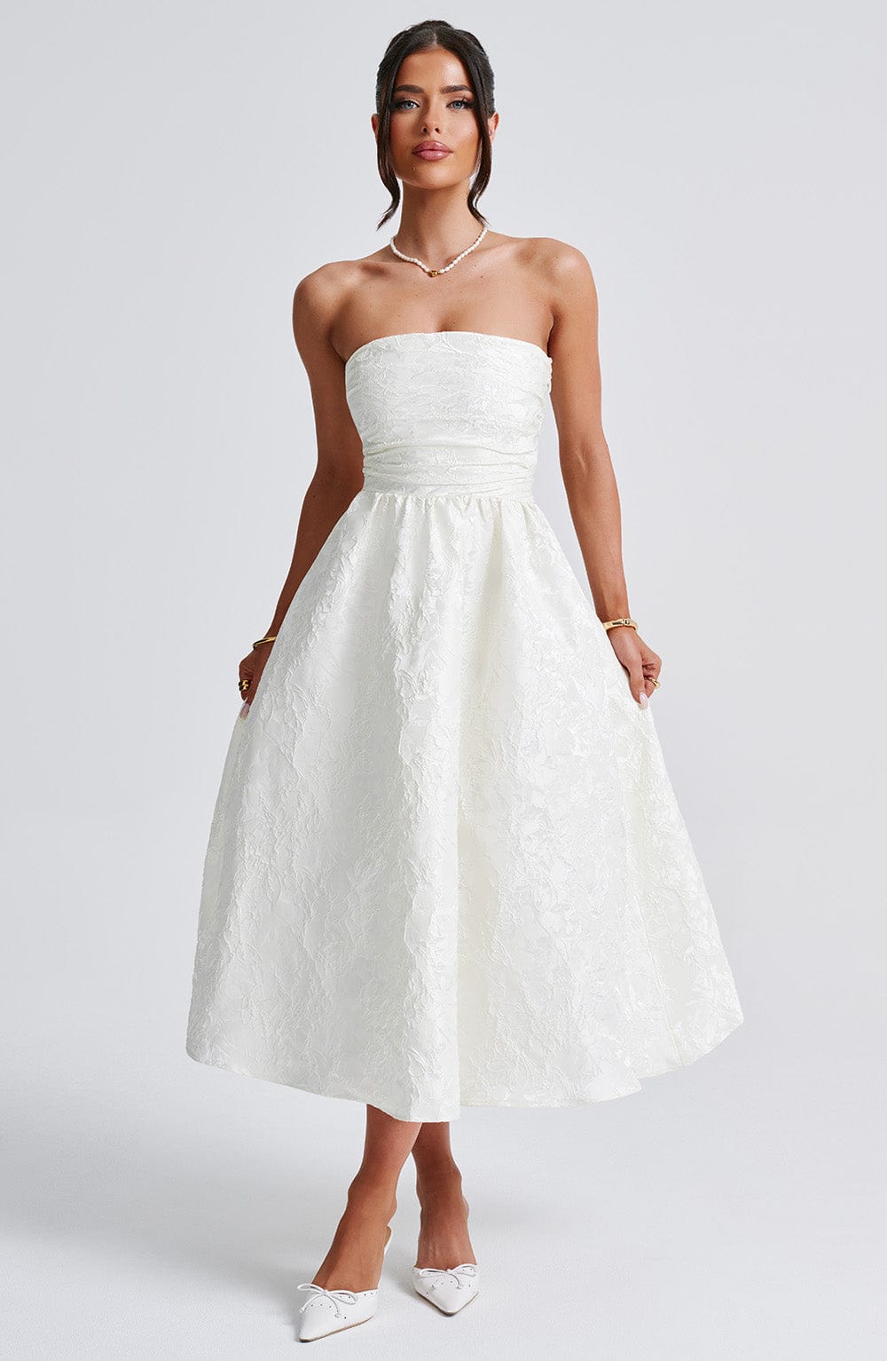 Off-Shoulder Jacquard Midi Dress - Pleated Bodice Back Lace