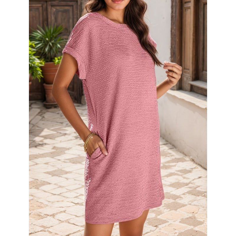 Women's Pocket Roll-Sleeve Dress - Casual Midi with Relaxed Fit