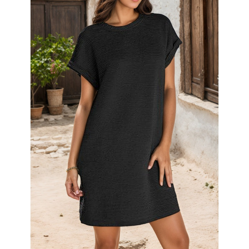 Women's Pocket Roll-Sleeve Dress - Casual Midi with Relaxed Fit