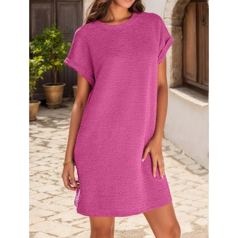 Women's Pocket Roll-Sleeve Dress - Casual Midi with Relaxed Fit